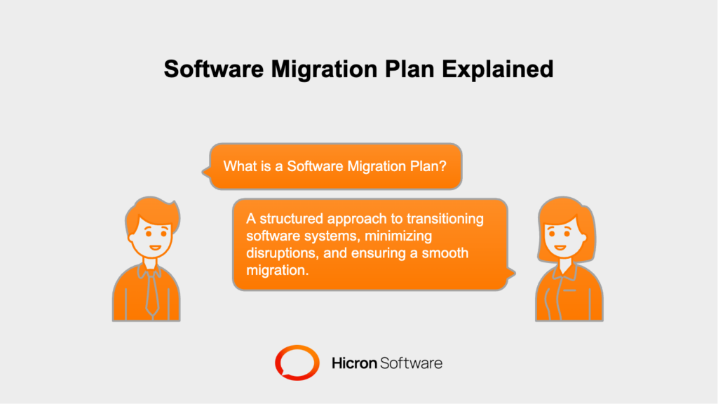 Structured approach ensuring smooth software migration with data transfer, compatibility, testing, and user training for minimal disruptions.