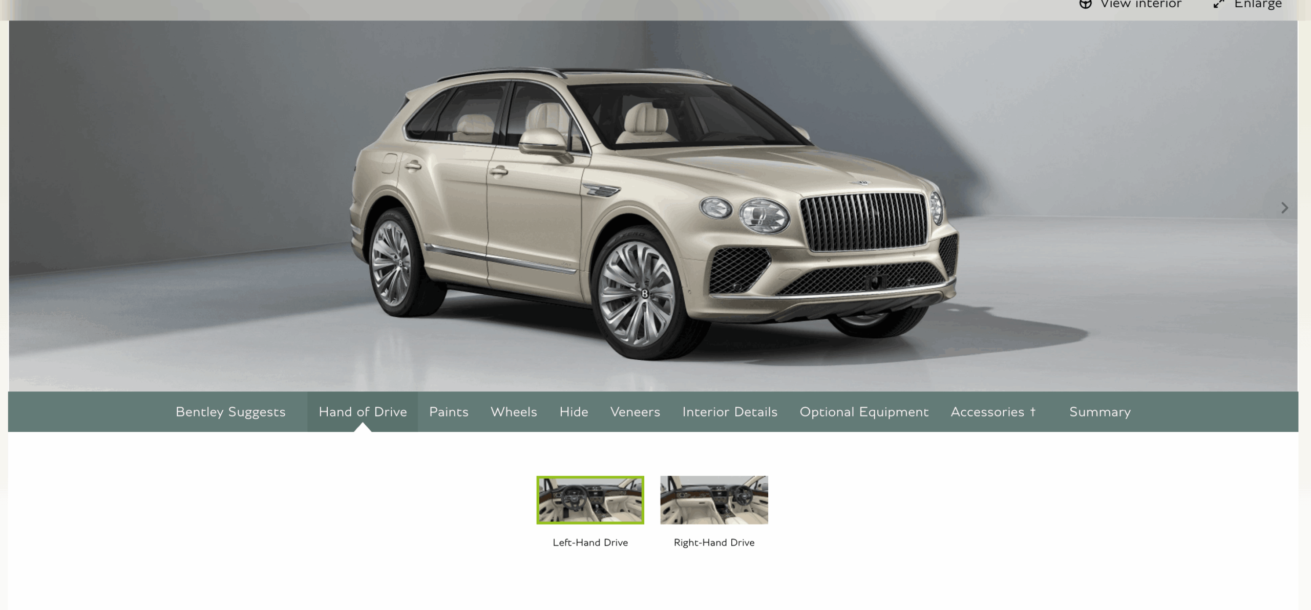 Bentley Motors Configurator – Country-gated entry into model-specific pivots (exterior, interior, packages), reflecting a bespoke sales process more than a mass-market option checklist.