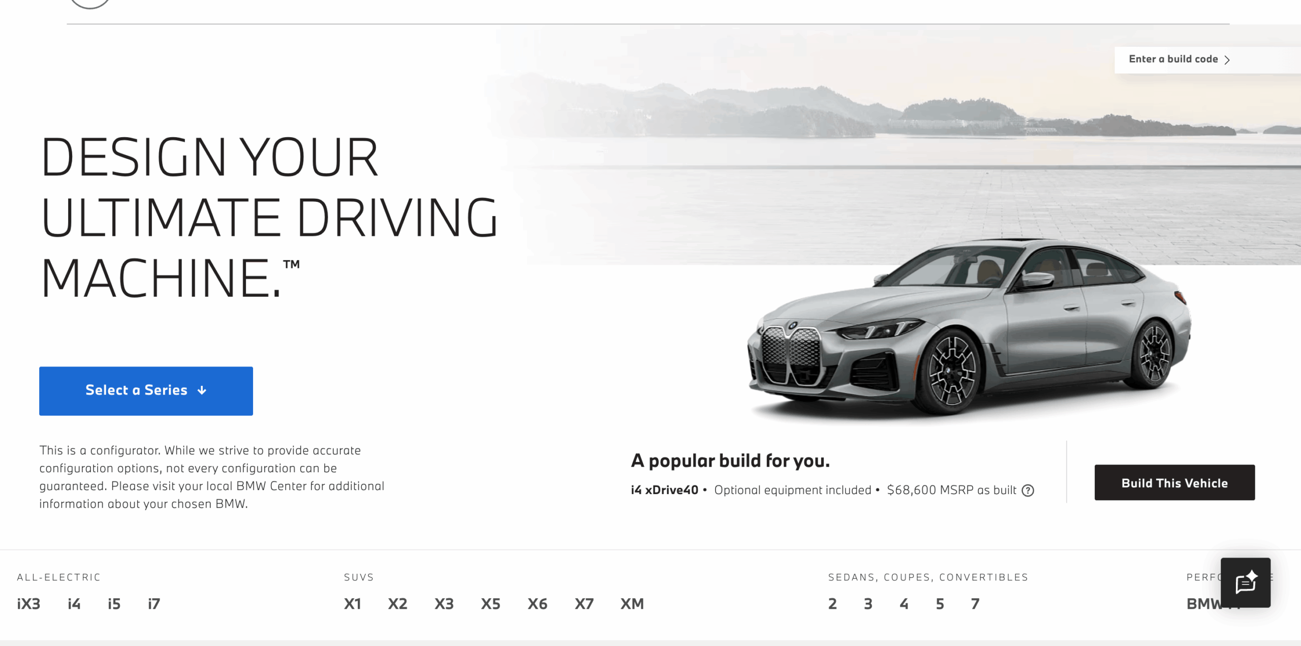 BMW Configurator – Starts with series selection, then walks through exterior, interior, and packages with MSRP updating as each choice is applied.