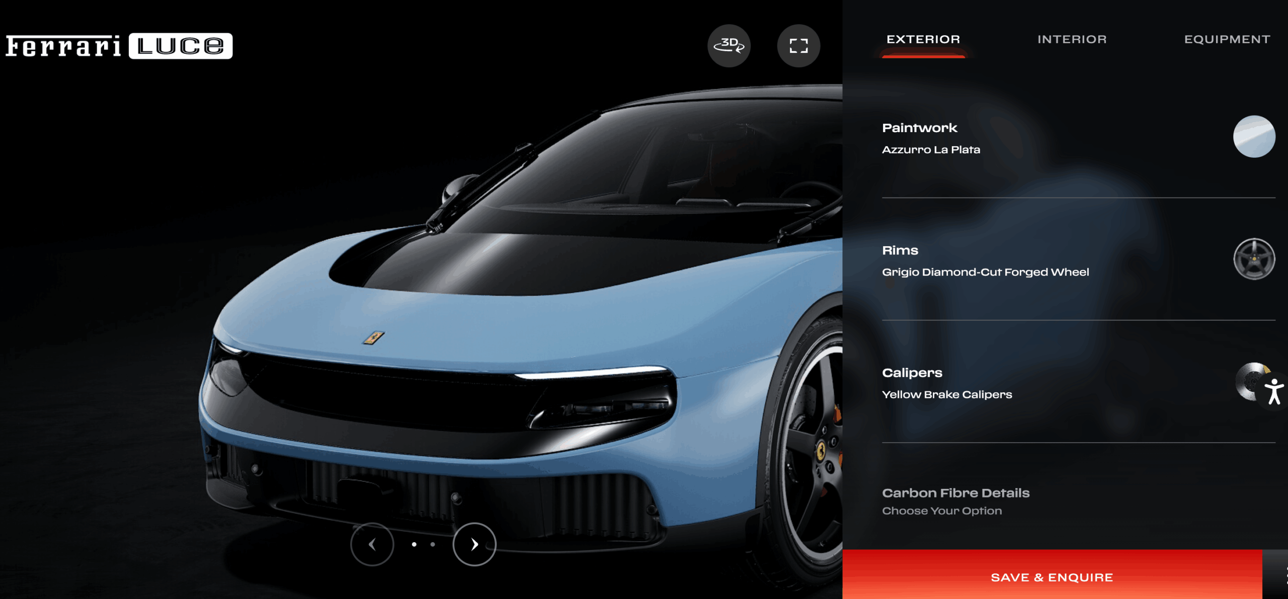 Ferrari Official Car Configurator – Opens on a full model gallery, then moves into a full-viewport 3D customize mode where exterior and interior choices dominate the screen rather than a dense option grid.