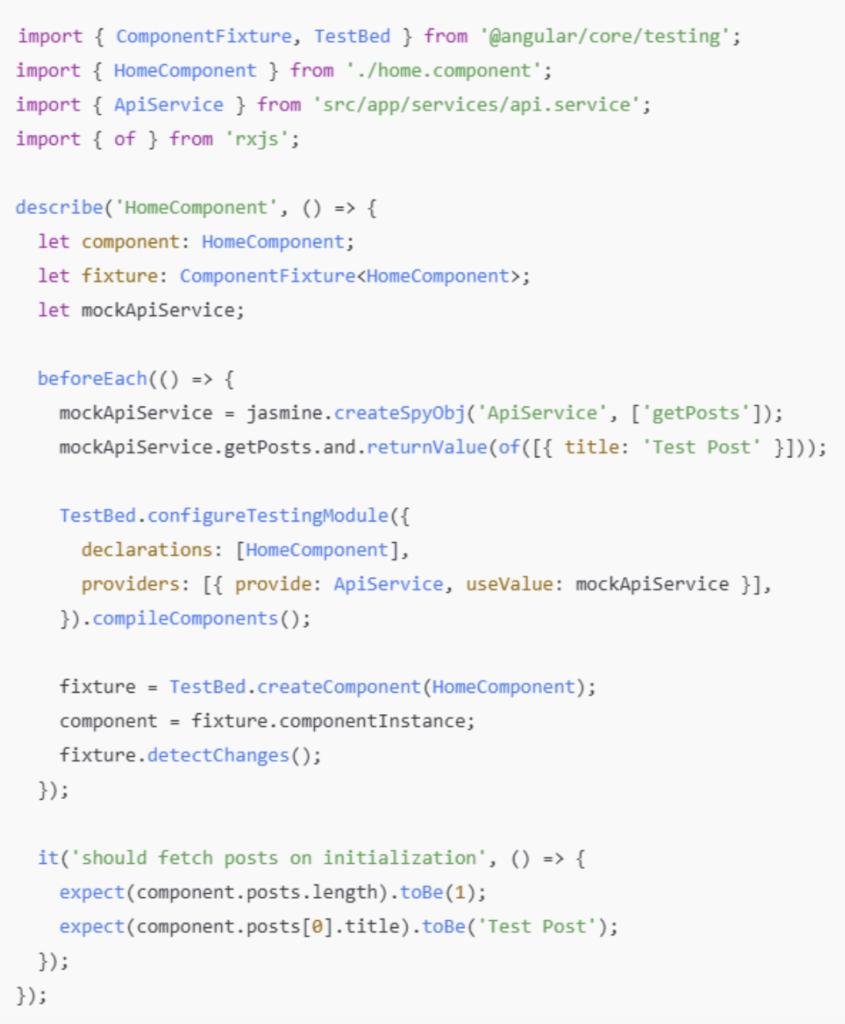 Example unit test for a component (home.component.spec.ts) Angular