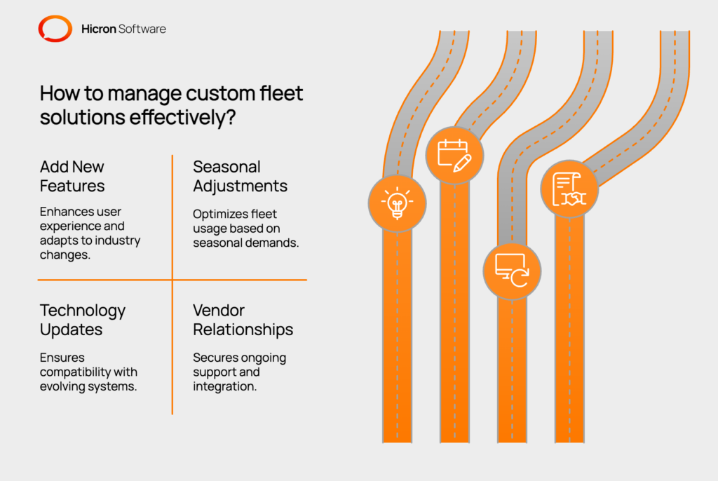 Adapting Fleet Management Software: Ensure your software evolves with business needs by adding features, planning for technology updates, and maintaining compatibility with evolving hardware and systems. 
