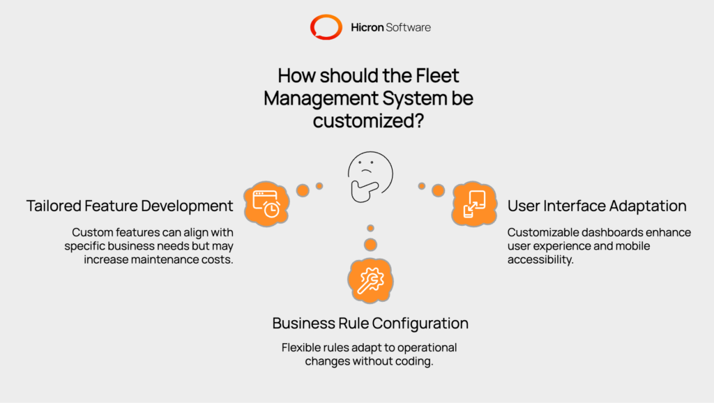 Illustration of customization options in a fleet management system, emphasizing tailored feature development, user interface adaptation, and business rule configuration. Highlights custom vehicle classifications, specialized reporting, configurable dashboards, mobile accessibility, and flexible workflows, ensuring the system aligns with unique operational needs while maintaining usability and scalability.