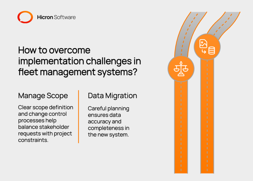 Illustration of overcoming implementation challenges in fleet management systems, focusing on managing scope and timeline expectations, and addressing data migration and system integration. Highlights the importance of clear scope definition, phased feature delivery, data cleansing, validation, and testing to ensure project success and data accuracy.