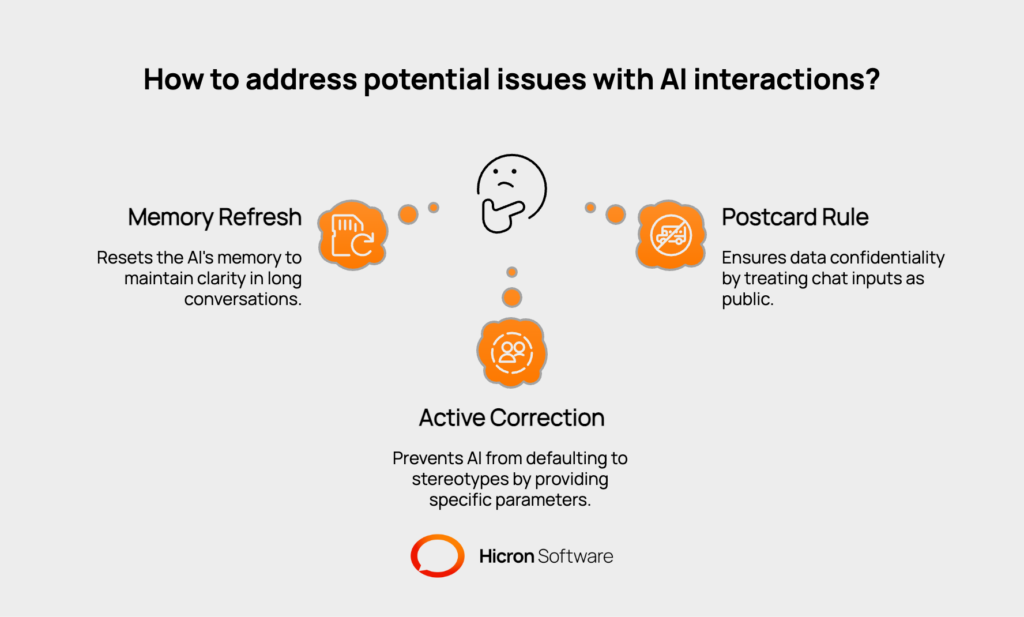 Guide section labeled ‘Trap 3: The Hidden Risks.’ Details how long chats cause forgetting (use a summary and new thread), models can reflect bias (explicitly define attributes), and sharing sensitive data can leak (follow the postcard rule).
