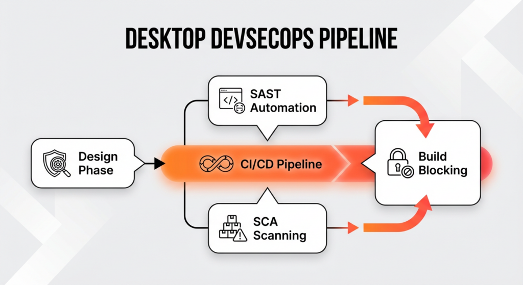 Flowchart illustrating the integration of security steps into the desktop application CI/CD pipeline.