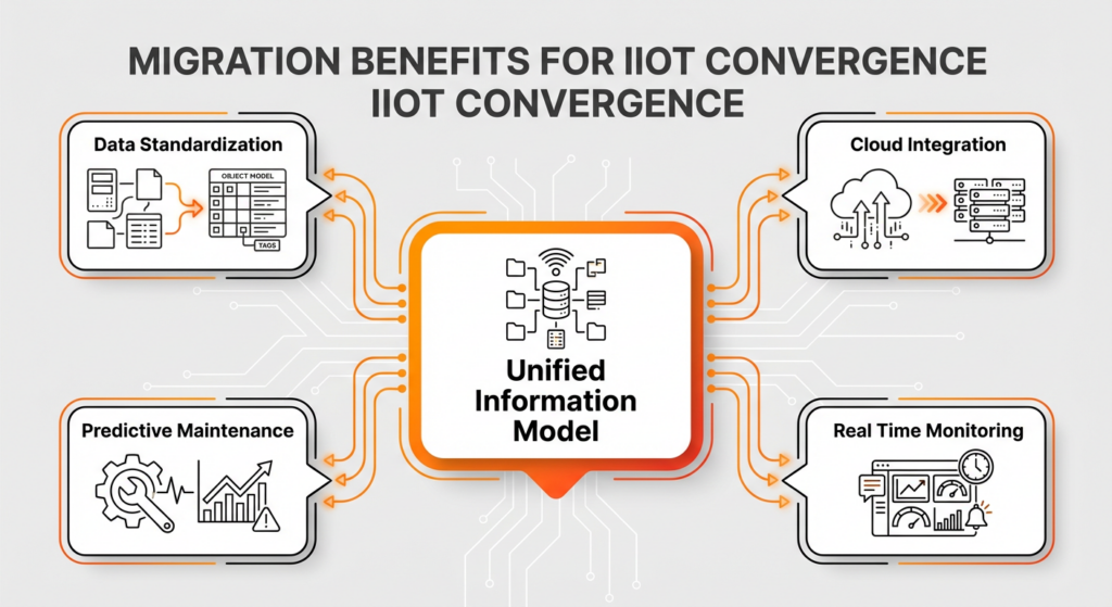 Infographic showing the business benefits of migration including IT OT convergence and predictive maintenance