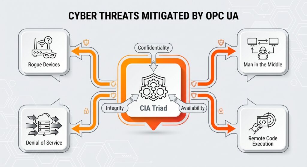 Infographic illustrating cyber threats mitigated by OPC UA, showing how the CIA Triad defends against risks like Rogue Devices, Man in the Middle, Denial of Service, and Remote Code Execution.