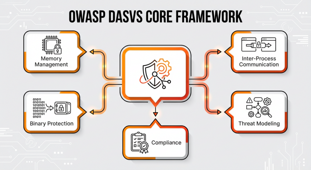 Diagram explaining the core components and purpose of the OWASP Desktop Application Security Verification Standard.