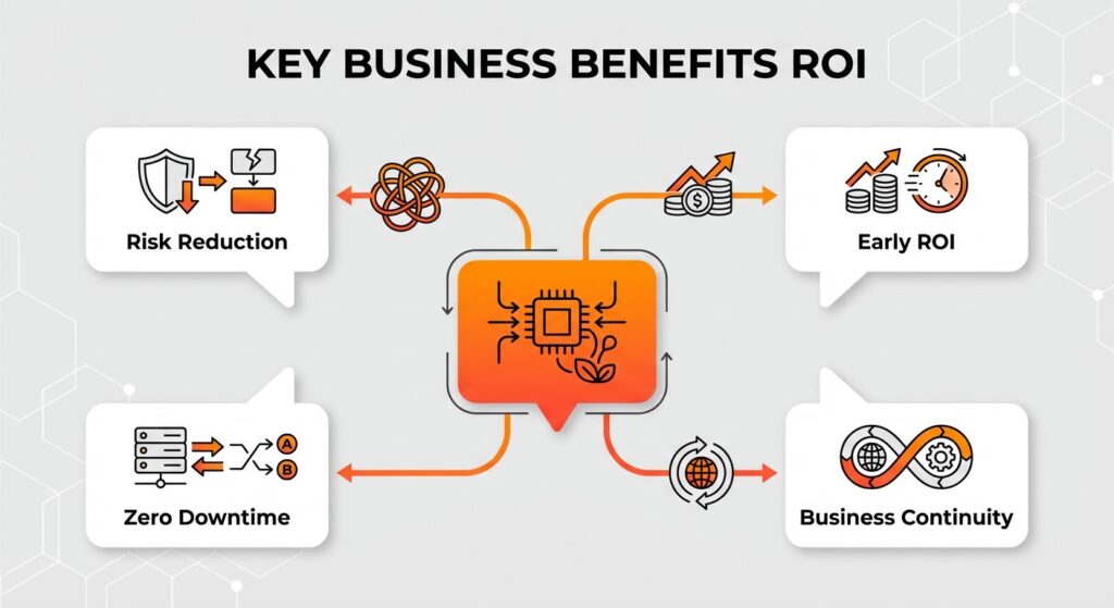 Infographic listing the key business benefits of the Strangler Fig Pattern including ROI and zero downtime