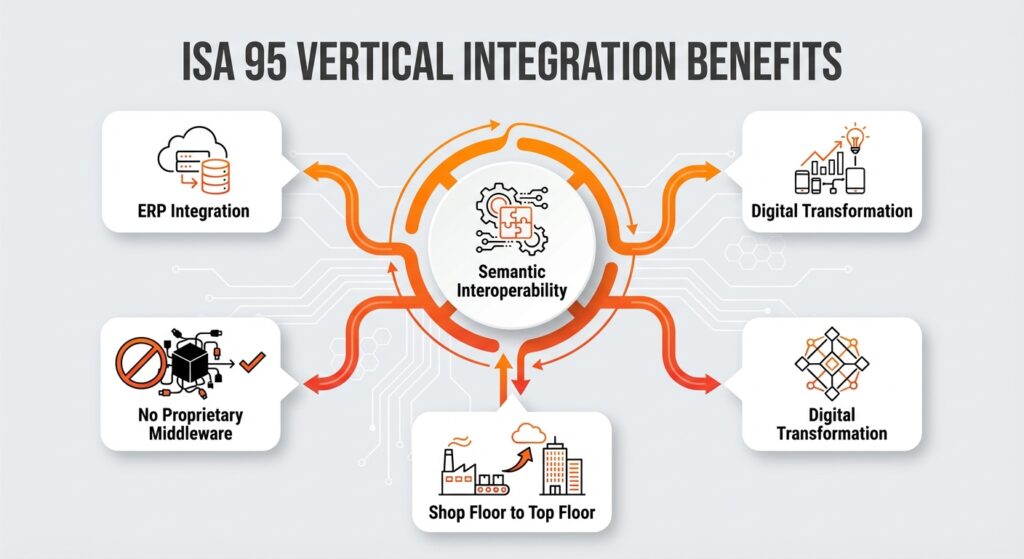 Central hub graphic displaying the business benefits of ISA-95 for connecting shop floor OT data with top floor IT systems