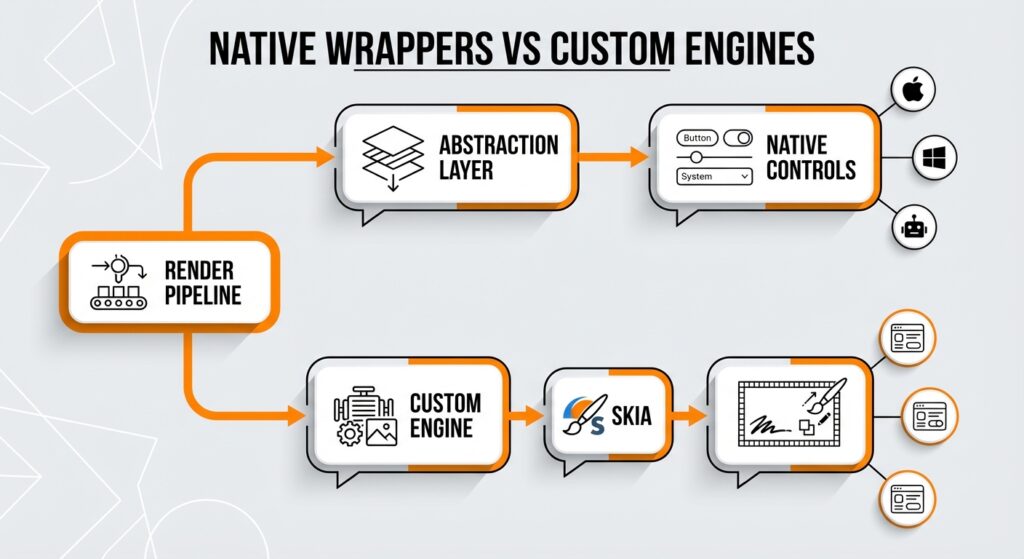 Diagram comparing the architectural structure of Native Wrappers versus Custom Rendering Engines in cross-platform development