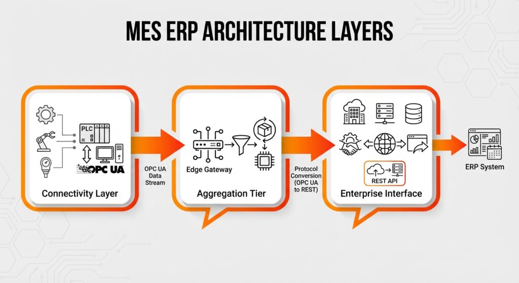 Process flow chart illustrating the three layers of integration architecture from PLC connectivity to Edge Gateways and finally to the ERP Interface