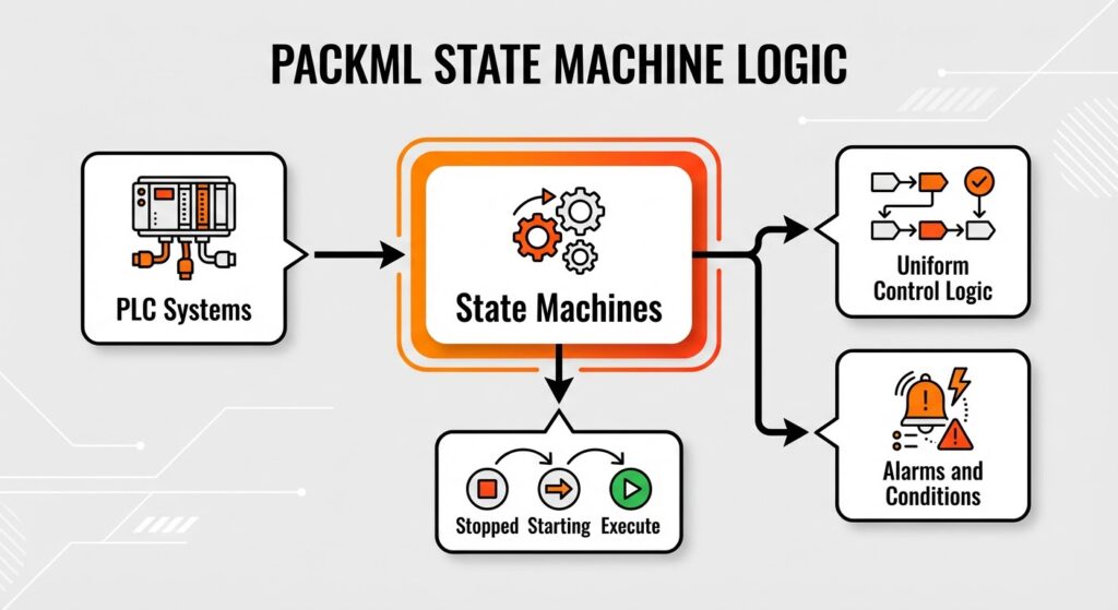 Process flow diagram showing the OMAC PackML state machine logic and how it standardizes machine operations