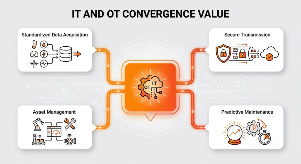 Infographic highlighting business benefits of OPC UA cloud integration including asset management and predictive maintenance