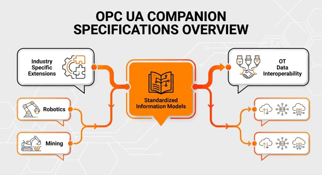 Mind map illustrating how OPC UA Companion Specifications extend the core data model for specific industries like robotics and mining