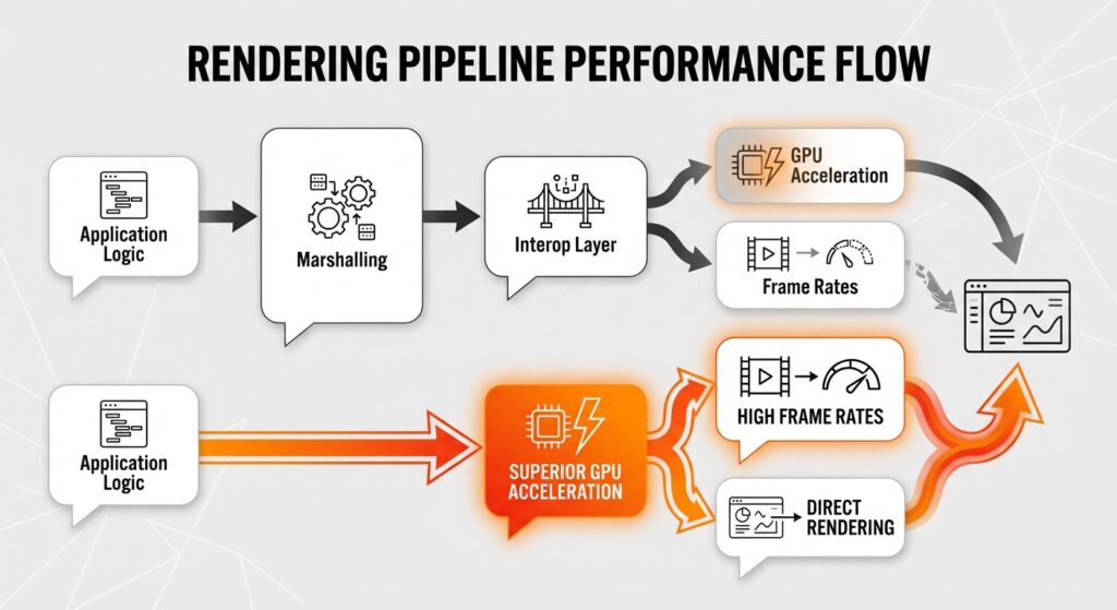 Process flow diagram illustrating the performance difference between native marshalling bridges and direct GPU rendering