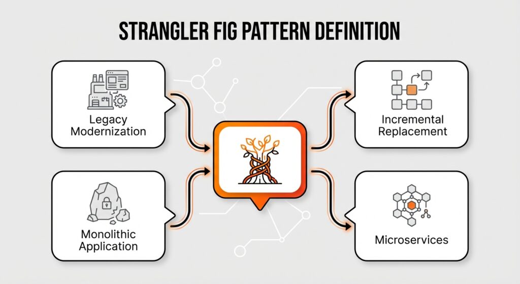 Diagram illustrating the definition of the Strangler Fig Pattern as a gradual replacement strategy for legacy software