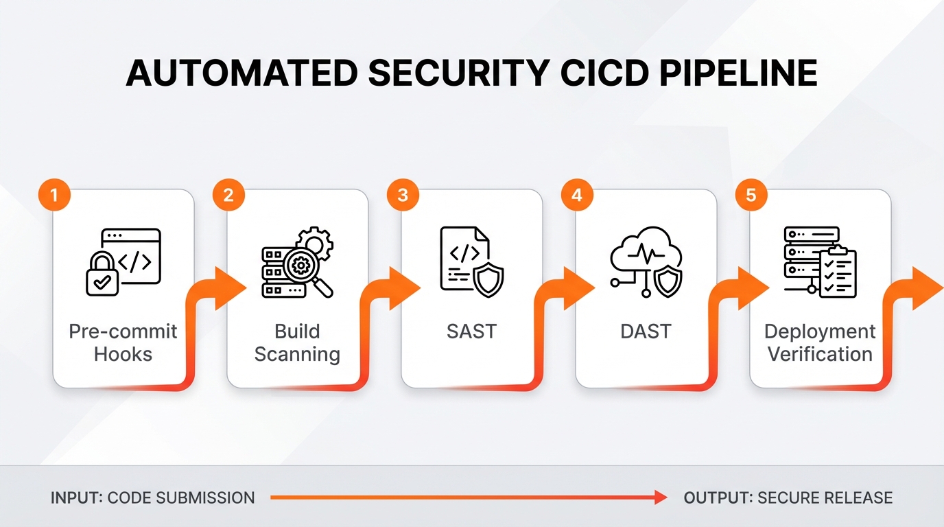 Process flow diagram showing the integration of automated security gates and scanning into the CI/CD pipeline