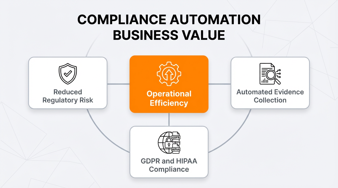 Central hub graphic highlighting the business benefits of compliance automation in enterprise governance