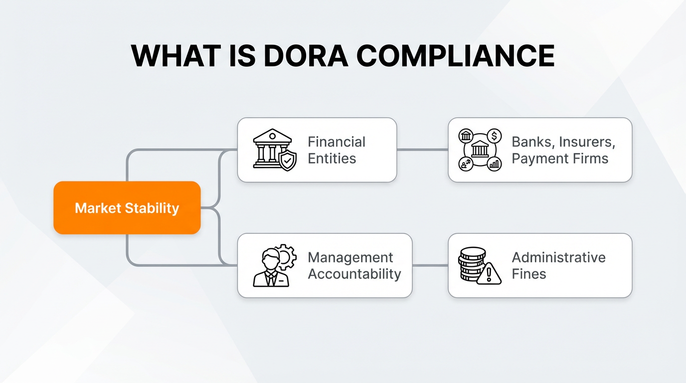 Mind map illustrating the definition, impacted financial sectors, and financial penalties of DORA compliance.