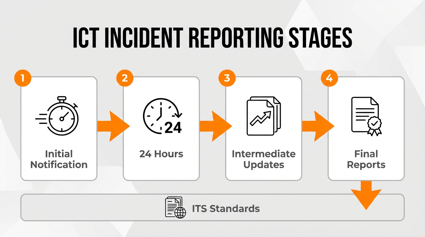 Process flow diagram showing the multi-stage ICT incident reporting procedure and timelines under DORA.
