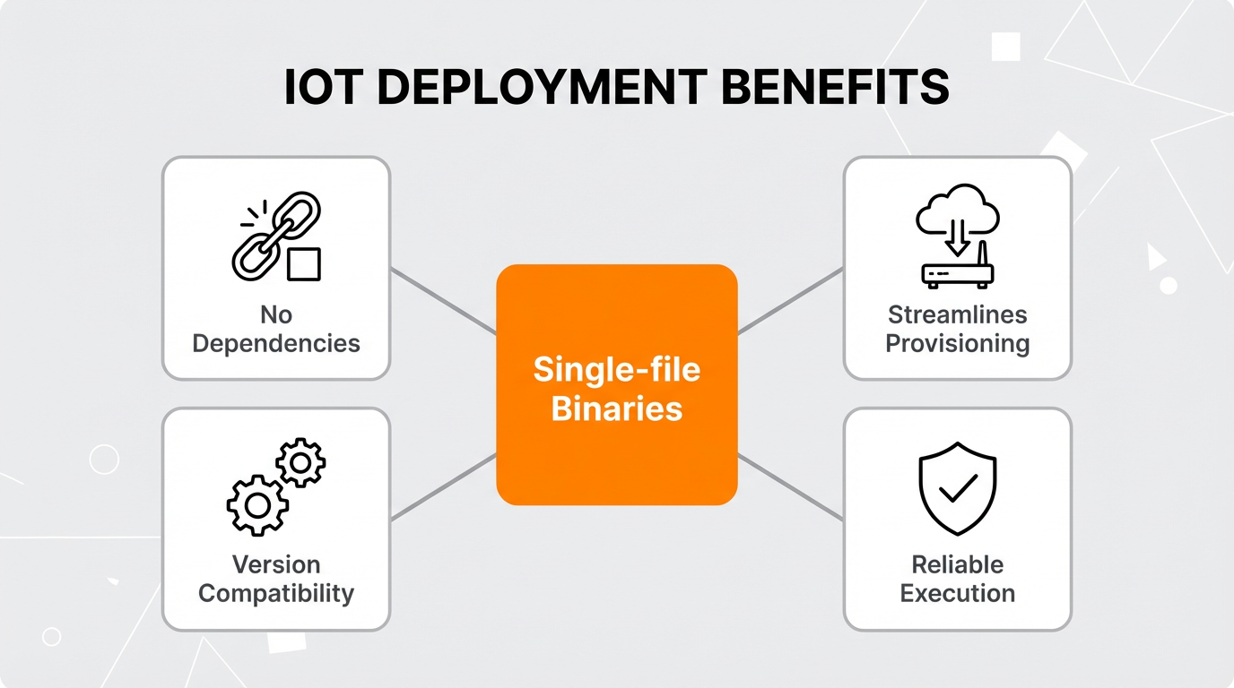 Central hub diagram highlighting the business benefits of self-contained .NET deployments for IoT devices.