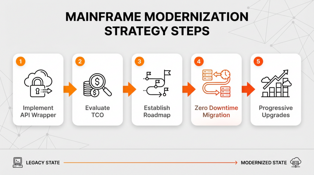 Describes the step-by-step strategic process for modernizing a mainframe using API wrappers, providing a clear workflow.