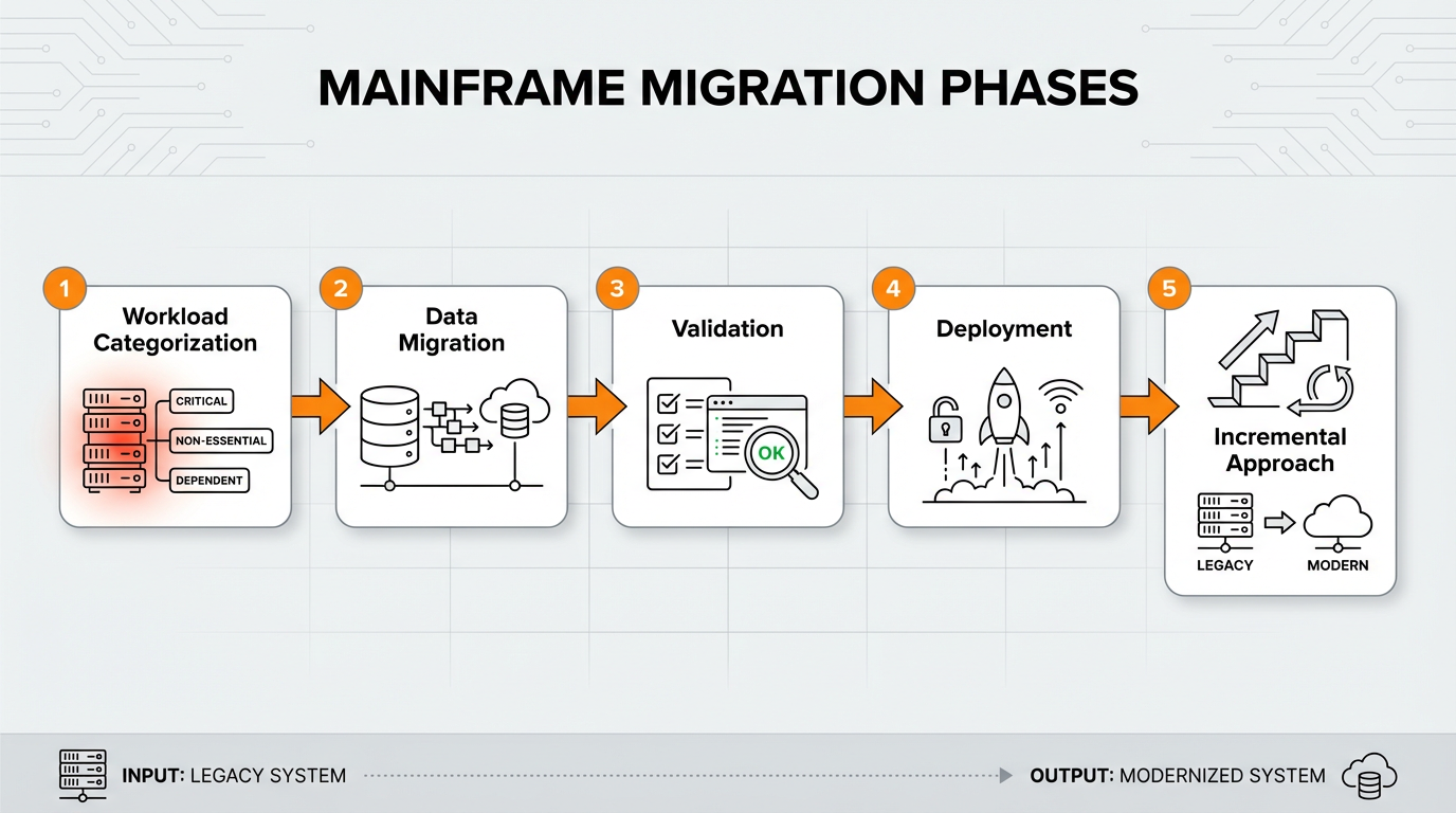 Process flow diagram showing the four chronological steps of a phased mainframe migration