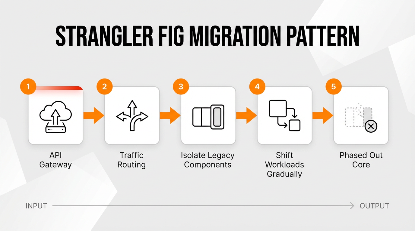 Process flow showing how the Strangler Fig pattern routes traffic from legacy systems to modern distributed systems via an API gateway