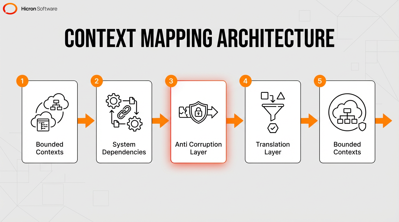 Process flow diagram showing context mapping, bounded contexts, and anti-corruption layers in Domain-Driven Design
