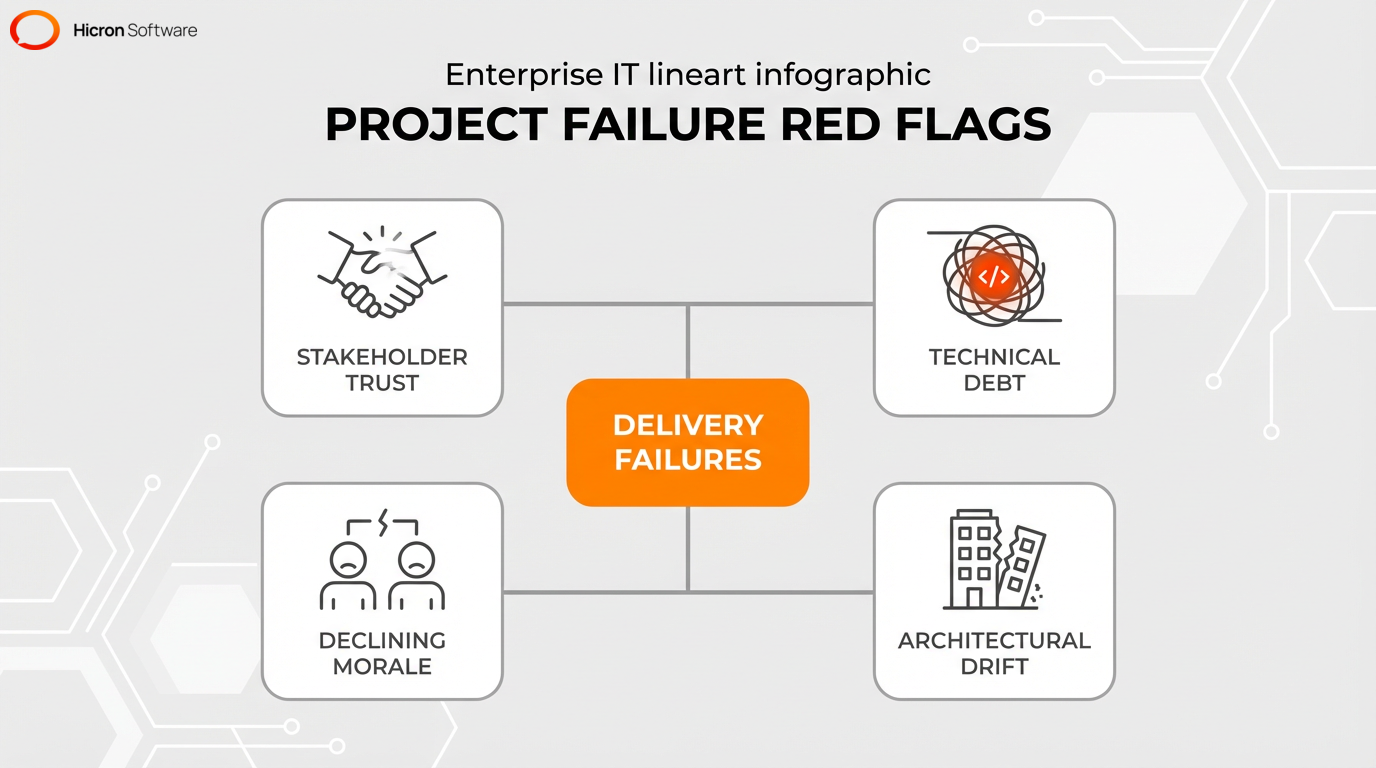 Central hub graphic listing the five red flags of a failing software project