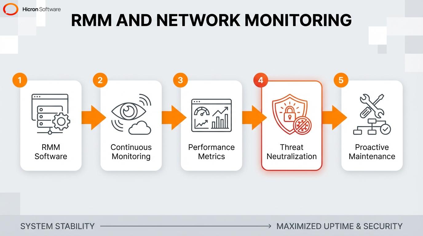 Process flow of remote monitoring and management RMM software for proactive IT maintenance