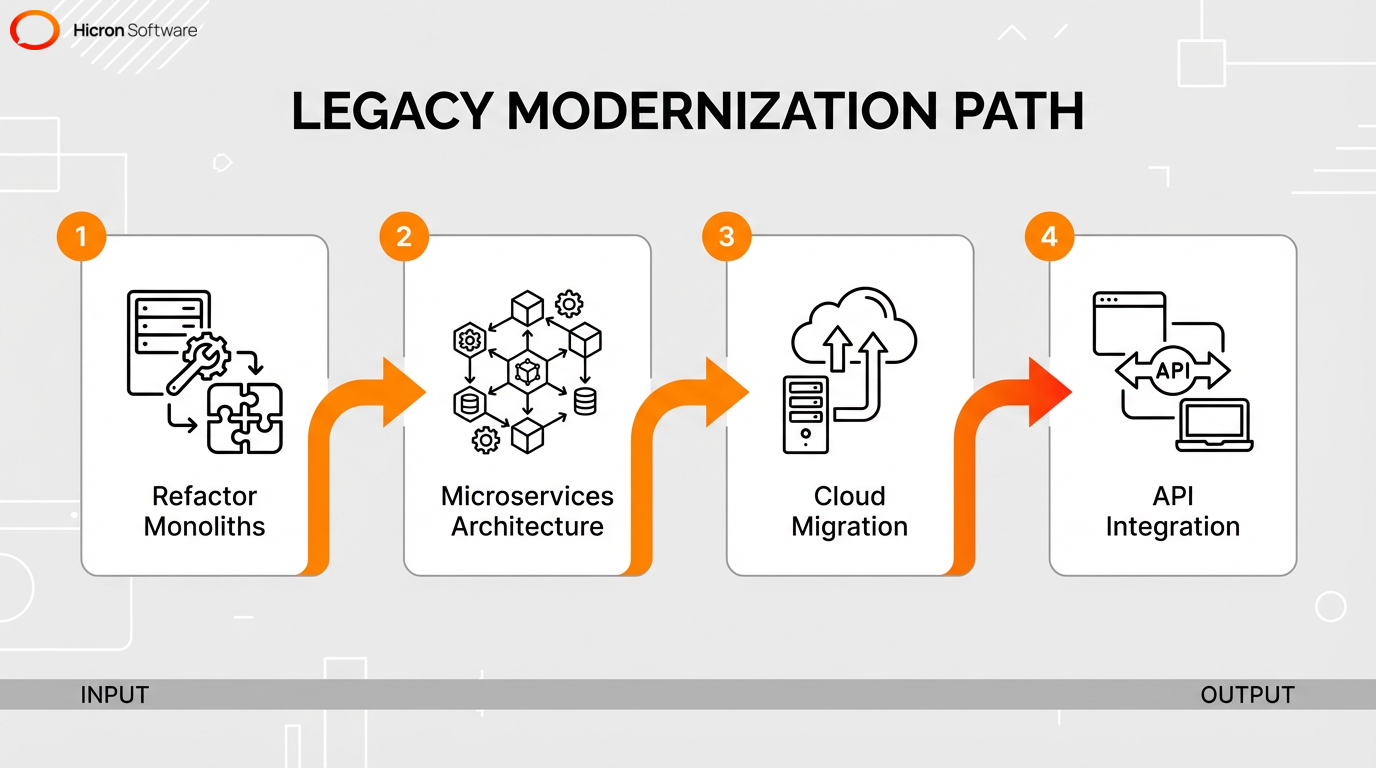 Process flow diagram showing the step-by-step modernization of legacy Java systems, from monolithic refactoring to cloud migration and API integration.