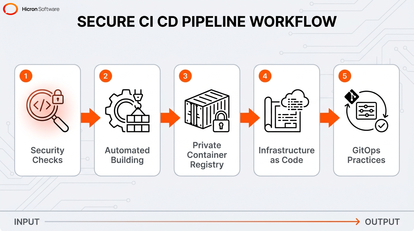 Process flow diagram illustrating a secure CI/CD pipeline workflow in enterprise Kubernetes.