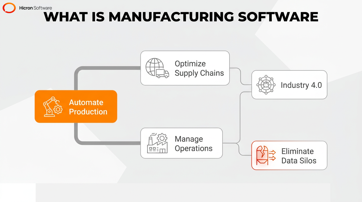 Mind map illustrating the definition, core goals, and key components of manufacturing software development.
