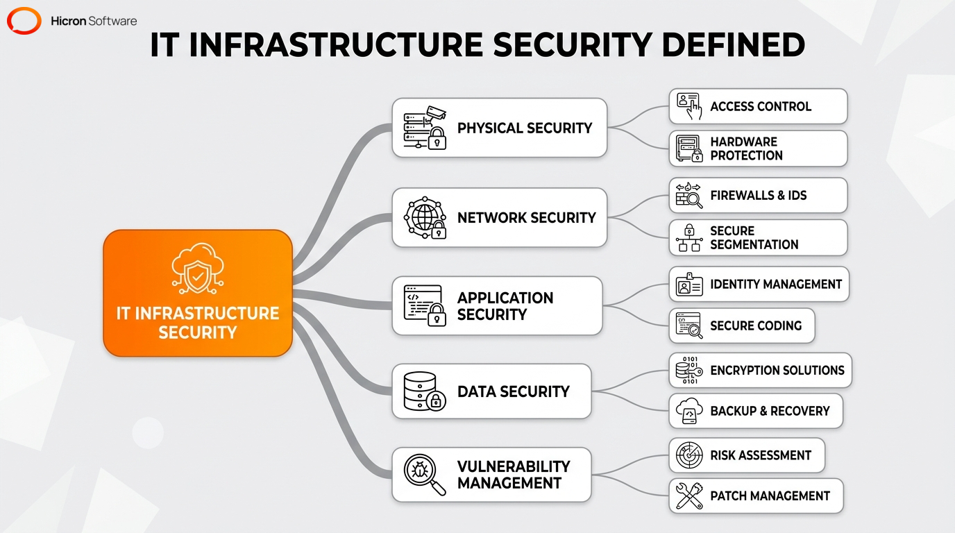 Mind map defining IT infrastructure security and its four main areas: physical, network, application, and data security.