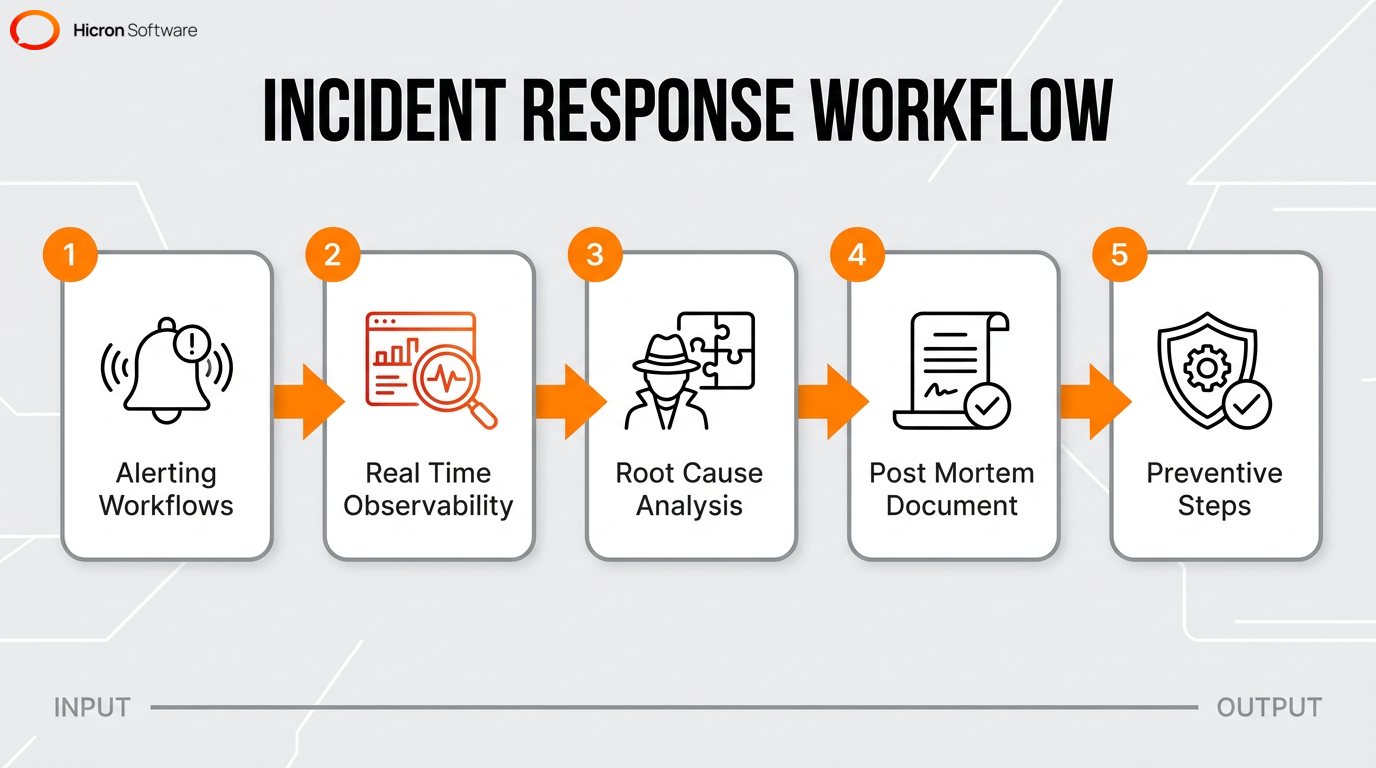 Process flow diagram showing the SRE incident response, root cause analysis, and post-mortem workflow