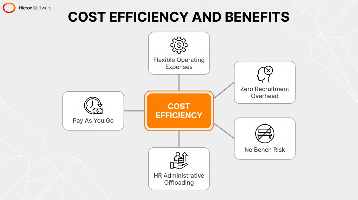 Central hub infographic highlighting the cost efficiency and strategic business benefits of software staff augmentation.