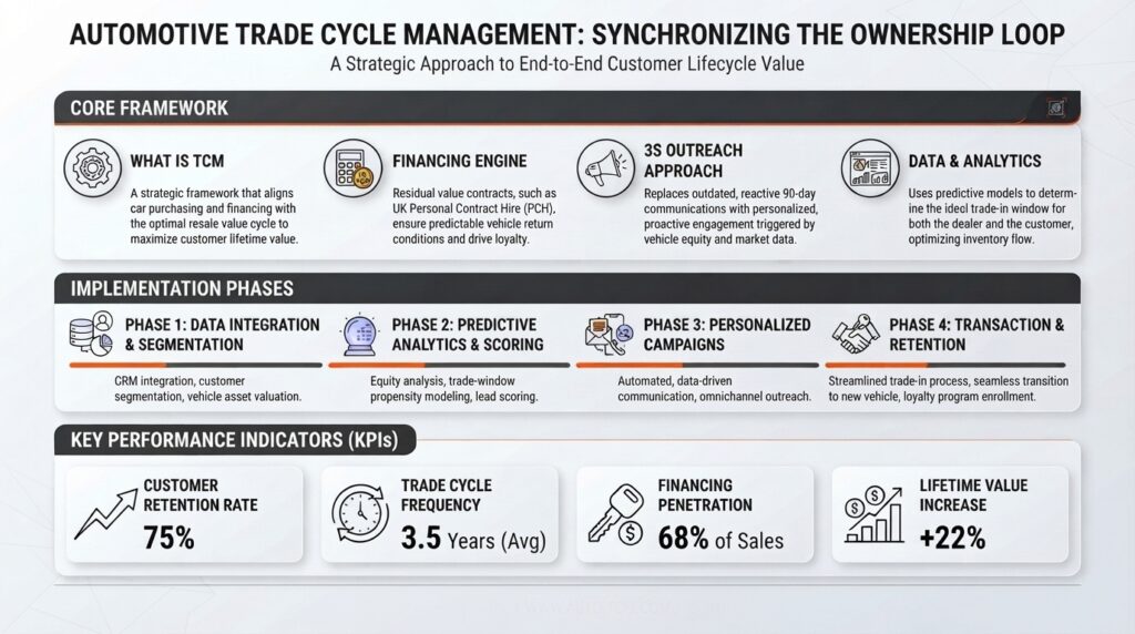 An infographic presenting the automotive trade cycle management (TCM) framework. It outlines four core pillars: TCM definition, financing engine, 3S outreach approach, and data analytics. It also displays four implementation phases—from data integration to transaction—and key performance indicators, including a 75% customer retention rate and an average trade cycle frequency of 3.5 years.
