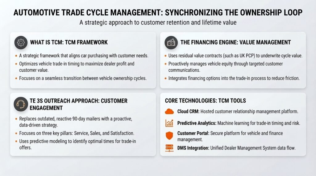 An infographic detailing the strategic approach to automotive trade cycle management. It explains the TCM framework, the financing engine based on residual value contracts, the proactive 3S customer engagement strategy that replaces outdated 90-day mailers, and core supporting technologies such as Cloud CRM, predictive analytics, customer portals, and DMS integration